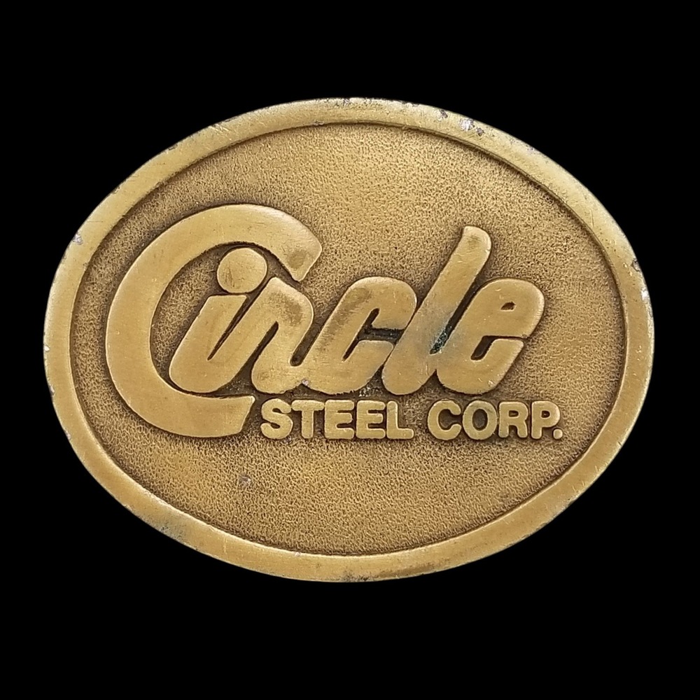 Vintage Circle Steel Corp Belt Buckle Hit Line USA Gold Tone Industrial Logo